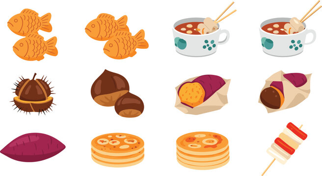 Asian Street Food Illustration Set Featuring Taiyaki Fish Cakes, Sweet Potatoes, Soups, Skewers, Pancakes, and Traditional Seasonal Snacks