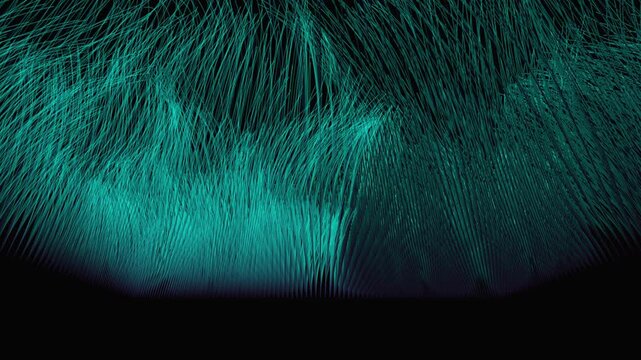 Procedural geometric array of swaying teal strands. Seamless loop of abstract fiber optics or biological villi undulating in a digital flow. High-end 4K data visualization background.
