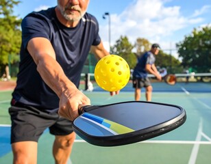 Older man playing pickleball with a yellow ball and racquet on an outdoor court