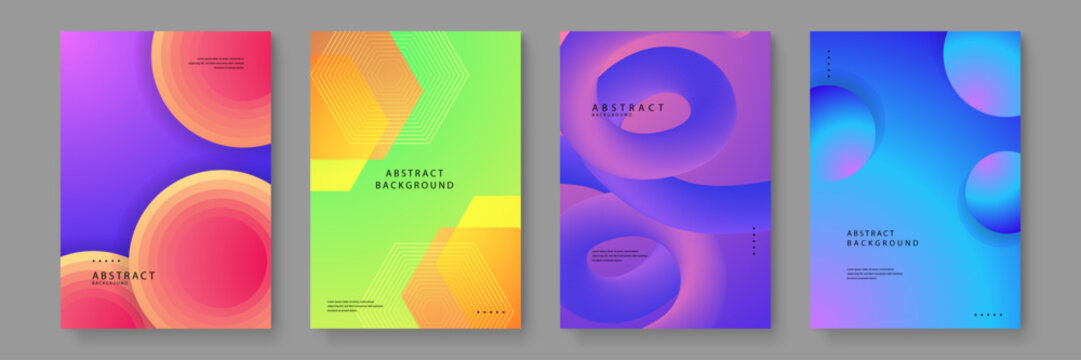Set of abstract posters with layered concentric circles and hexagonal patterns on purple and green backdrops