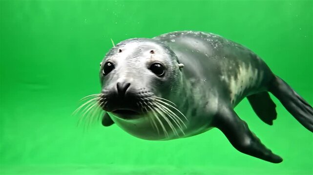 A close-up shot of a young seal swimming underwater against a vibrant green background, looking directly at the camera.