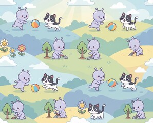 Cute Alien and Cat Playing Outdoors Seamless Pattern for Kids