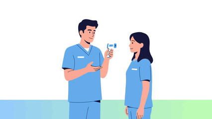 Obraz premium Doctor checking patient's temperature with infrared thermometer, medical checkup