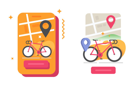 Bike rental app icon, mobile phone bicycle sharing location gps map navigation service technology ui ux interface modern graphic illustration design, travel tour guide route for cycling city transport