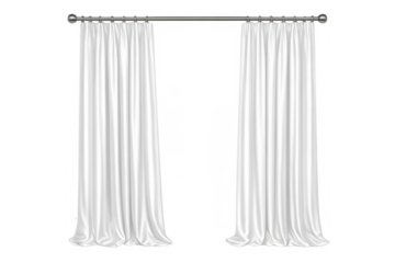 White flowing curtains hanging on a rod, creating soft folds and a sense of elegance, perfect for interior decoration with transparent background