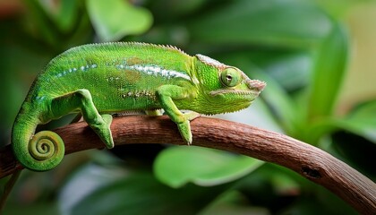 Fototapeta premium Vibrant Green Chameleon Perched On A Branch Looking Forward