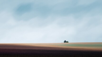 Landscape photograph of a vast open field with a single house in the distance. the sky is a pale blue with a few wispy clouds scattered across it.