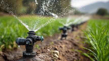 Detailed Close-Up of Irrigation System Sprinklers Watering Green Crops in Agricultural Field with Lush Vegetation