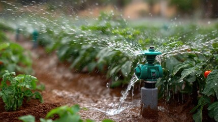 Water Sprinkler System Irrigating Fresh Green Plants in Agricultural Farm Landscape