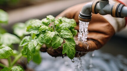 Gardening Enthusiast Watering Fresh Green Tomato Plant with Hand-held Faucet and Sprouting Leaves in Bright Natural Light