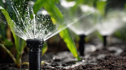 Efficient Irrigation System in Agricultural Field with Sprinklers Watering Green Plants and Crops