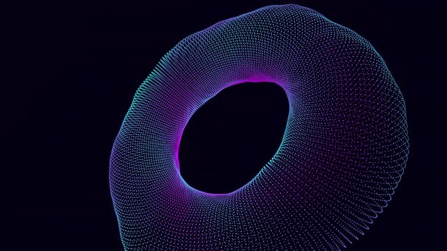 Seamless loop of a breathing crystalline torus formed by shimmering particles. Parametric geometry expands and ripples with procedural noise. 4K UHD abstract technology motion background.