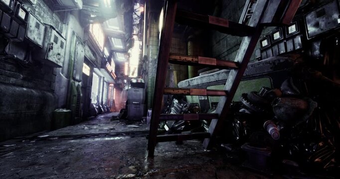 An unsettling alleyway features dim lighting and remnants of urban decay. Discarded items and shadows create a mysterious atmosphere, hinting at forgotten stories.