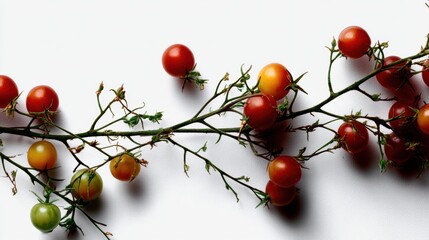 Bunch of red and yellow tomatoes on a thin branch. the tomatoes are clustered together on the branch, with some overlapping each other. the branch is green and has small leaves and stems.