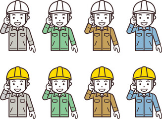 スマホで電話するヘルメットと作業服を着用した男性のアイコン