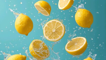 Surreal still life of whole and sliced lemons levitating with fresh water splashes. Vibrant pop art concept on a clean turquoise background for refreshing summer drinks.