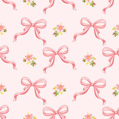 Seamless pink bow pattern with cute ribbon bows and small floral elements on pastel background for gift wrap, fabric, wallpaper and surface design.
