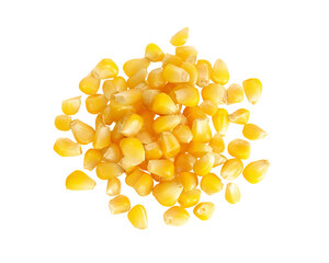 Fototapeta premium Vibrant Yellow Corn Kernels Pile on White Background: An Overhead Studio Shot of Fresh Maize Seeds, Ideal for Food, Agriculture, and Healthy Eating Concepts.