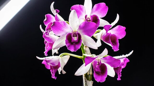Close-up of vibrant orchids with white and purple petals illuminated with studio lighting against black.