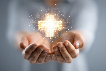 hands offering a glowing medical cross symbol