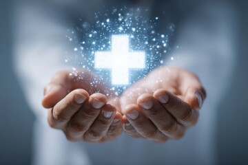 hands offering a glowing medical cross symbol