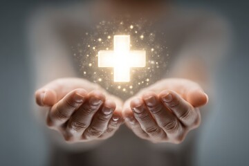 hands offering a glowing medical cross symbol