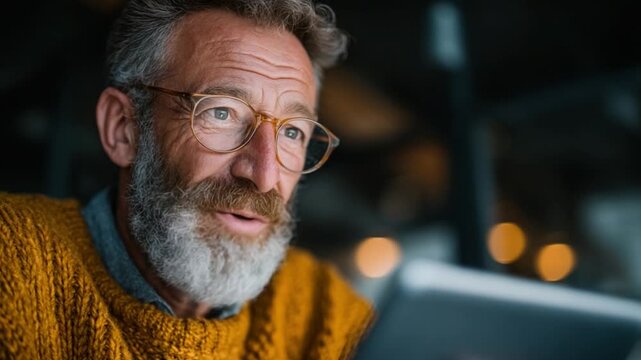 Focused Gaze: An intelligent, mature man with glasses intensely focused on a tablet, suggesting intellectual engagement and the pursuit of knowledge.