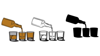 An illustration of bottles pouring liquid into glasses in different colors