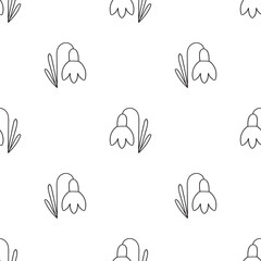 Snowdrop Outline Seamless Pattern Vector, Minimalist Black Floral Background, Early Spring Line Art Repeat on White Background.