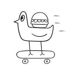 Bird Delivering Burger on Skateboard Vector, Fast Food Delivery Outline Illustration, Minimalist Character Design