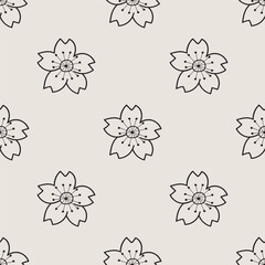Sakura Blossom Outline Seamless Pattern Vector, Black Line Art Cherry Flowers, Minimalist Japanese Background