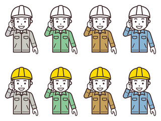 スマホで電話するヘルメットと作業服を着用した男性のアイコン