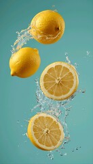 Vertical surreal still life of fresh lemons levitating with water splashes. Vibrant pop art concept on a clean turquoise background for mobile social media advertising.