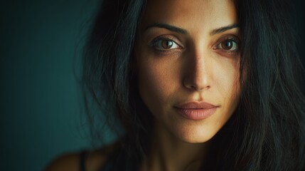 studio portrait of a confident mediterranean woman in her early 30s