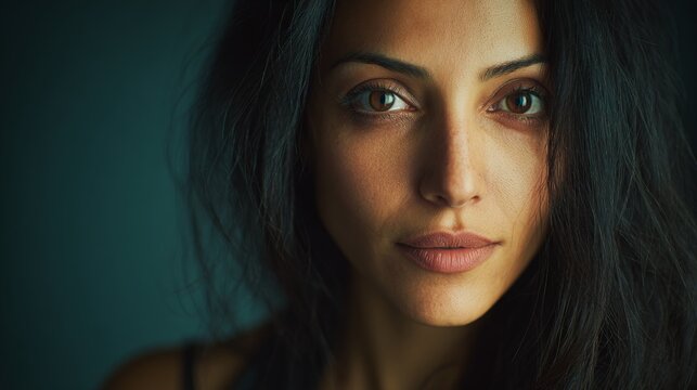 studio portrait of a confident mediterranean woman in her early 30s
