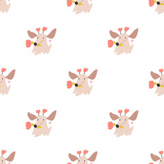 Cute Dachshund with Tulip Seamless Pattern Vector, Dog Holding Flower Kids Minimalist Background, Playful Flat Design