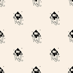 Dachshund Skiing Outline Seamless Pattern Vector, Dog on Skis Kids Minimalist Background, Playful Winter Sport Line Art