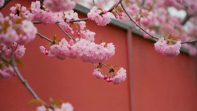 Pink cherry blossoms in front of a red wooden building in spring