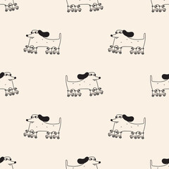 Dachshund Roller Skating Outline Seamless Pattern Vector, Kids Minimalist Background, Playful Dog on Wheels Line Art