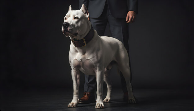 Dogo Argentino Guard Dog Stands Confidently Beside Owner Man