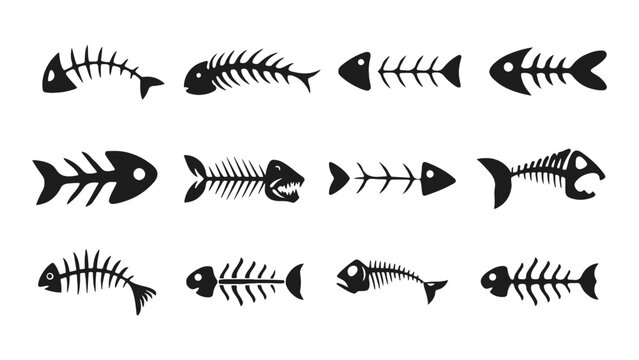 A collection of black fish and skeleton icons on a white background