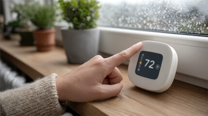 Hand adjusting smart thermostat near rainy window in home interior for energy efficiency during winter