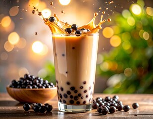 glass of milk with berries and boba