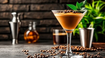 Elegant Espresso Martini Cocktail with Coffee Beans and Green Garnish on Dark Background
