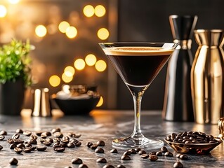 Sophisticated Espresso Martini with Coffee Beans and Elegant Bar Setting