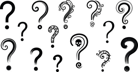 Obraz premium Decorative question mark vector set with ornamental swirl typography symbols mystery design elements isolated