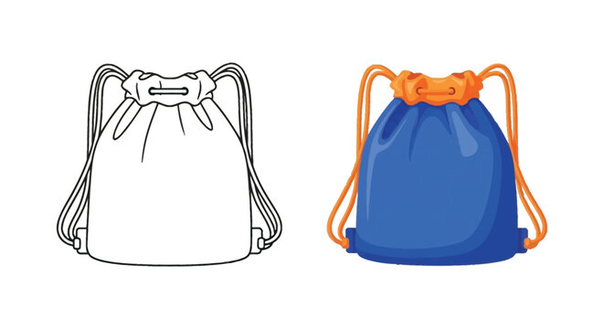Drawstring backpack design in two styles a sketch and a colored version silhouette