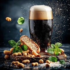 Dynamic Dark Beer Glass with Peanuts, Mint, and Splash on Rustic Wooden Board