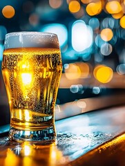 Golden Craft Beer Glass with Bubbles on Bar Counter, Blurred Nightlife Background