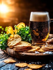 Refreshing Dark Beer Mug with Savory Chips and Fresh Garnish on Rustic Wooden Table, Golden Light